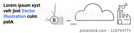 Bitcoin symbol with circuit lines, cloud, and factory with chimneys and bubbles. Ideal for finance, technology, cloud solutions, manufacturing, data storage, digital transformation, Industry 4.0 128704775