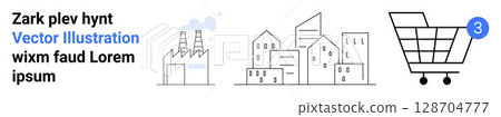 Industrial factory emitting smoke, a cluster of urban buildings, and a shopping cart with a notification badge. Ideal for urbanization, commerce, industry, real estate, e-commerce, notification Industrial factory emitting smoke, a cluster of urban buildings, and a shopping cart with a notification badge. Ideal for urbanization, commerce, industry, real estate, e-commerce, notification 128704777