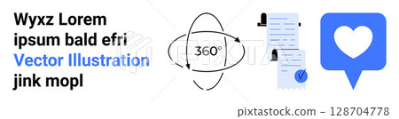 Text placeholder beside a 360-degree orbit symbol, stack of documents with a checkmark, and heart in chat bubble. Ideal for virtual tours, document management, approvals, social media, web design Text placeholder beside a 360-degree orbit symbol, stack of documents with a checkmark, and heart in chat bubble. Ideal for virtual tours, document management, approvals, social media, web design 128704778