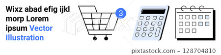 Shopping cart with a numbered badge, calculator, and calendar icons. Ideal for ecommerce, accounting, scheduling, business planning, financial tracking, budgeting, and organizational tools. Landing 128704810
