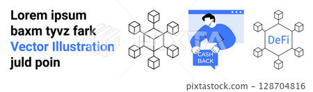 Abstract cubes connected forming decentralized structure with a central DeFi text and individual benefiting from cashback. Ideal for fintech, blockchain, DeFi, cryptocurrency, finance apps, startups 128704816