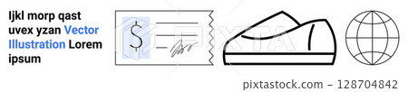 Dollar bill, sneaker, globe. Ideal for business, finance, commerce, travel, sports, retail, global trade. Minimalistic style clear lines monochromatic Perfect for websites presentations Landing 128704842