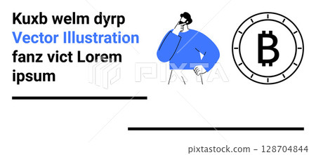 Contemplative man in blue, centered Bitcoin coin, two placeholder text portions. Ideal for financial, investment, cryptocurrency, fintech, minimalistic, modern, educational content. Landing page 128704844