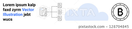 Data structures connecting to cloud storage, Bitcoin symbol on a coin. Ideal for cryptocurrency, data management, digital storage, finance, blockchain, cloud computing, network integration. Landing 128704845
