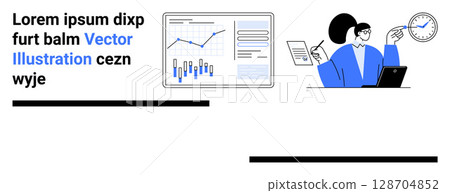 Woman analyzing data charts on diagram, holding paper and pen, laptop, clock and graphs. Ideal for business, analytics, presentations, data analysis, reporting, time management, professional work 128704852