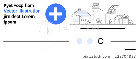 Blue cross icon, urban skyline with buildings, text placeholders. Ideal for medical websites, healthcare, digital design, urban planning, modern technology, sustainability, user interface. Landing 128704858