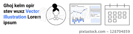 Female profile icon, analytics dashboard with graphs, data insights, and grid calendar. Ideal for business planning, data analysis, productivity, team management, scheduling, HR management, corporate Female profile icon, analytics dashboard with graphs, data insights, and grid calendar. Ideal for business planning, data analysis, productivity, team management, scheduling, HR management, corporate 128704859