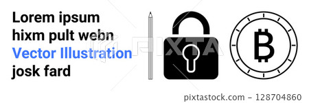 Pencil, lock, and Bitcoin coin symbols beside placeholder text. Ideal for digital security, cryptocurrency, fintech, blockchain, data protection, online transactions, educational materials. Landing 128704860