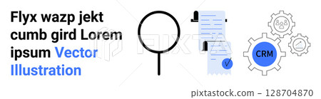 Magnifying glass inspecting documents and a CRM gear symbolize data analysis, research, and CRM. Ideal for business, technology, marketing, data management, research, workflow illustration. Landing Magnifying glass inspecting documents and a CRM gear symbolize data analysis, research, and CRM. Ideal for business, technology, marketing, data management, research, workflow illustration. Landing 128704870