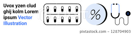 Medical pills, dosage blister pack, percentage symbol, stethoscope, and contact lens. Ideal for healthcare, pharmacy, medical tools, dosage explanation, statistics, eye care educational materials 128704903