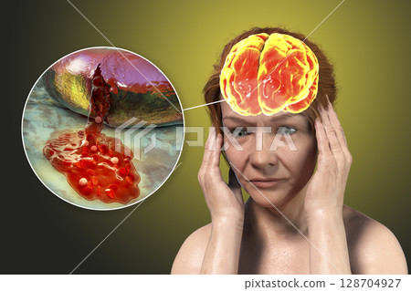 Stroke, conceptual illustration showing woman with acute headache and rupture of brain blood vessel 128704927