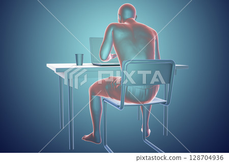 Working with laptop in a wrong position and backache 128704936