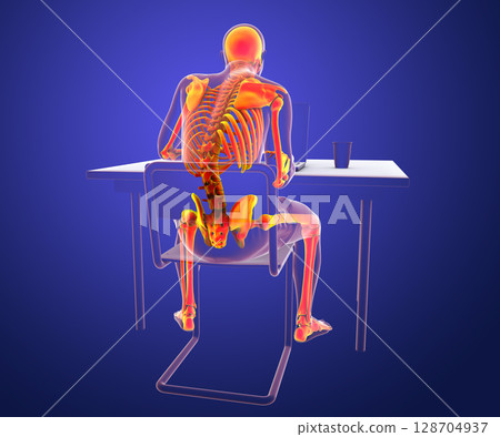 Working with laptop in a wrong position. Concept of backache, back pain 128704937