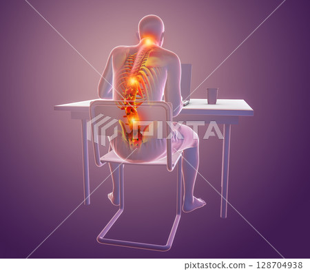 Working with laptop in a wrong position. Concept of backache, back pain 128704938