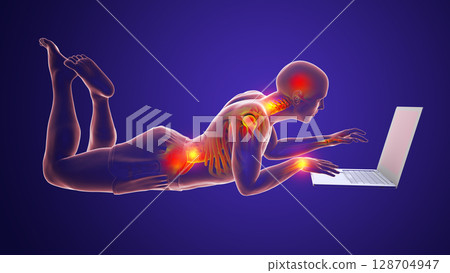 Working with laptop in a wrong position. Concept of backache, back pain Working with laptop in a wrong position. Concept of backache, back pain 128704947