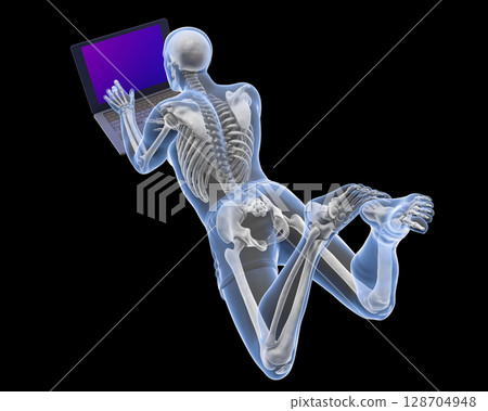 Working with laptop in a wrong position. Concept of backache, back pain 128704948