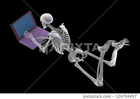 Working with laptop in a wrong position. Concept of backache, back pain 128704957