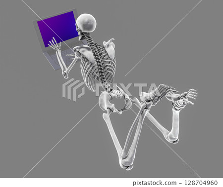 Working with laptop in a wrong position. Concept of backache, back pain 128704960