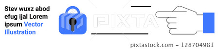 Blue lock icon on left side, hand pointing on right with placeholder text. Ideal for cybersecurity awareness, online privacy, digital security, website protection, data encryption, secure 128704981