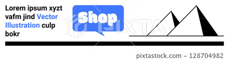 Blue speech bubble with Shop text on left with lorem ipsum text above. Simplified black pyramid on right. Ideal for e-commerce, online shopping, marketing, promotions, and digital sales. Banner 128704982
