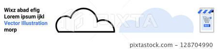 Outline cloud with text placeholder and a blue shopping cart icon. Ideal for online stores, e-commerce platforms, cloud storage services, tech landing pages, digital marketing, web banners 128704990