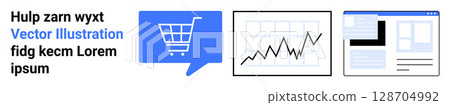 Shopping cart, data graph, and web design interface. Ideal for e-commerce, analytics, business growth, data visualization, online shopping, web development, and digital marketing. Landing page 128704992