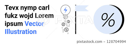 Light bulb with electrical symbol and dollar coins on the left, a percentage symbol inside a circle on the right. Ideal for finance, marketing, innovation, savings, economics, energy, startups 128704994