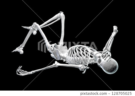 Human skeleton in a bad feeling unconsciousness position, conceptual 3D illustration Human skeleton in a bad feeling unconsciousness position, conceptual 3D illustration 128705025