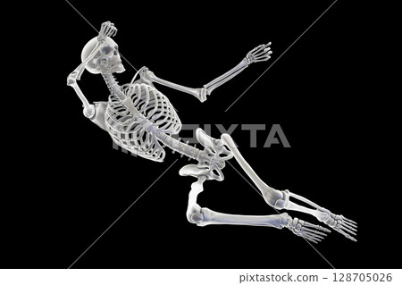 Human skeleton in a bad feeling unconsciousness position, conceptual 3D illustration 128705026