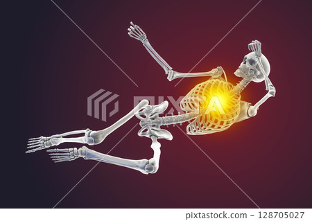 Human skeleton in a bad feeling unconsciousness position, conceptual 3D illustration Human skeleton in a bad feeling unconsciousness position, conceptual 3D illustration 128705027