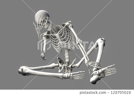 Human skeleton in unhappy frustrated pose, conceptual 3D illustration 128705028