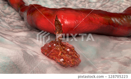 Hemorrhage, blood flowing from the damaged blood vessel, 3D illustration 128705223