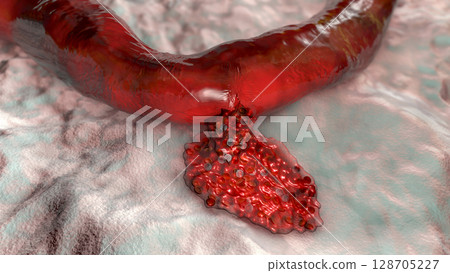 Hemorrhage, blood flowing from the damaged blood vessel, 3D illustration Hemorrhage, blood flowing from the damaged blood vessel, 3D illustration 128705227