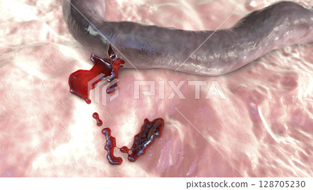 Hemorrhage, blood flowing from the damaged blood vessel, 3D illustration 128705230