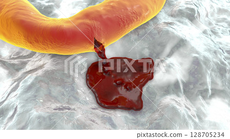 Hemorrhage, blood flowing from the damaged blood vessel, 3D illustration 128705234