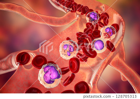 Blood flow. 3D illustration showing different types of blood cells Blood flow. 3D illustration showing different types of blood cells 128705313