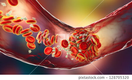 Blood clot made of red blood cells, platelets and fibrin protein strands. Thrombus 128705320