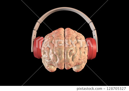 A human brain wearing headphones, 3D illustration A human brain wearing headphones, 3D illustration 128705327