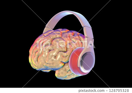 A human brain wearing headphones, 3D illustration 128705328