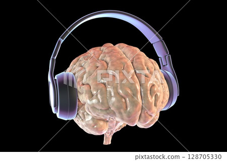 A human brain wearing headphones, 3D illustration 128705330