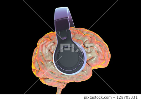 A human brain wearing headphones, 3D illustration A human brain wearing headphones, 3D illustration 128705331