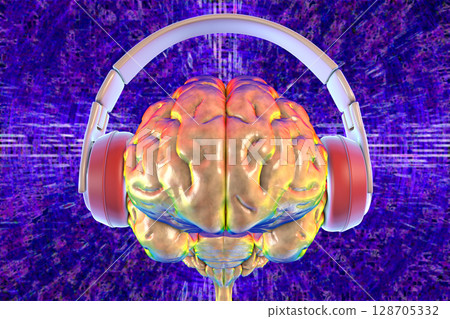 A human brain wearing headphones, 3D illustration 128705332