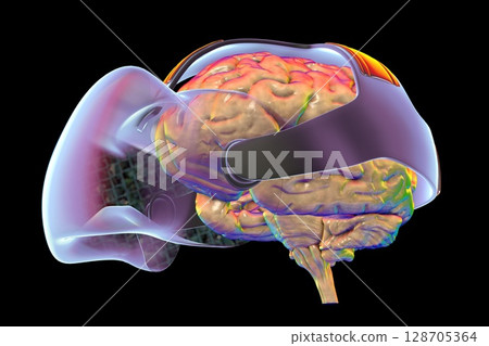 3D illustration of a human brain wearing VR glasses, symbolizing virtual reality impact on cognition, perception, creativity, and neural stimulation 3D illustration of a human brain wearing VR glasses, symbolizing virtual reality impact on cognition, perception, creativity, and neural stimulation 128705364