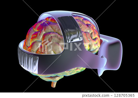 3D illustration of a human brain wearing VR glasses, symbolizing virtual reality impact on cognition, perception, creativity, and neural stimulation 3D illustration of a human brain wearing VR glasses, symbolizing virtual reality impact on cognition, perception, creativity, and neural stimulation 128705365