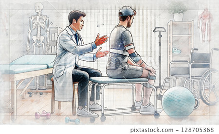 A doctor working in rehabilitation with a stroke patient during exercises, fostering a supportive and professional atmosphere, digital illustration 128705368