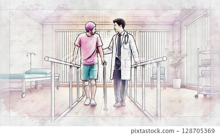 A doctor working in rehabilitation with a stroke patient during exercises, fostering a supportive and professional atmosphere, illustration. A doctor working in rehabilitation with a stroke patient during exercises, fostering a supportive and professional atmosphere, illustration. 128705369
