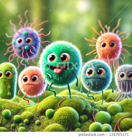 A funny cartoon microbe with a playful expression, featuring whimsical details and exaggerated features, digital illustration A funny cartoon microbe with a playful expression, featuring whimsical details and exaggerated features, digital illustration 128705371