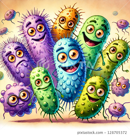 A funny cartoon microbe with a playful expression, featuring whimsical details and exaggerated features, digital illustration A funny cartoon microbe with a playful expression, featuring whimsical details and exaggerated features, digital illustration 128705372