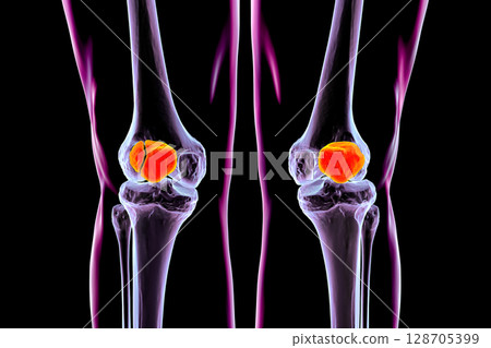 Bipartite patella, a condition where the kneecap has an unfused accessory ossification center, usually superolateral, 3D illustration. Bipartite patella, a condition where the kneecap has an unfused accessory ossification center, usually superolateral, 3D illustration. 128705399