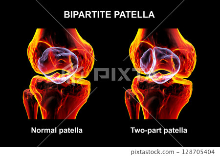 Bipartite patella, a condition where the kneecap has an unfused accessory ossification center, usually superolateral, 3D illustration. Bipartite patella, a condition where the kneecap has an unfused accessory ossification center, usually superolateral, 3D illustration. 128705404